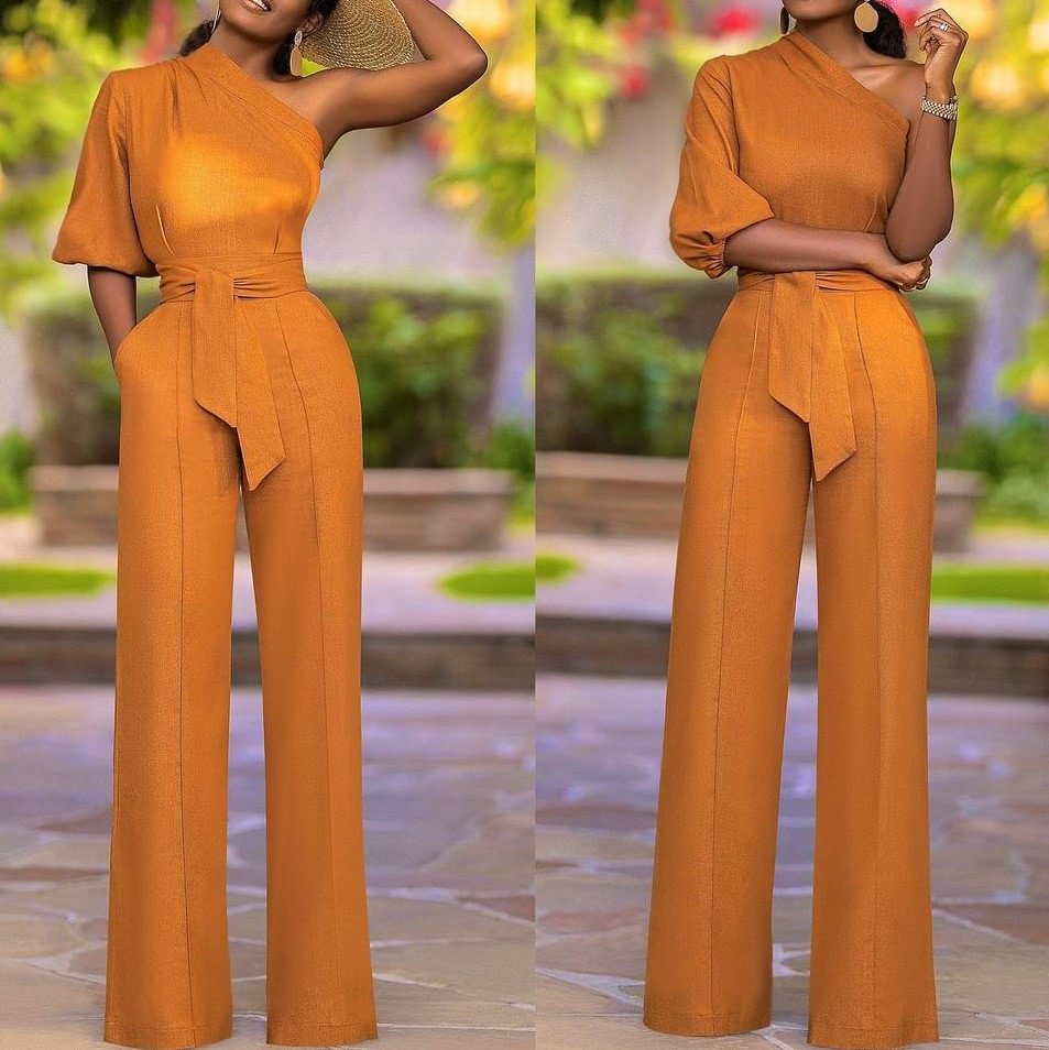 Women's Oblique Shoulder Design High-waist Straight-leg Jumpsuit