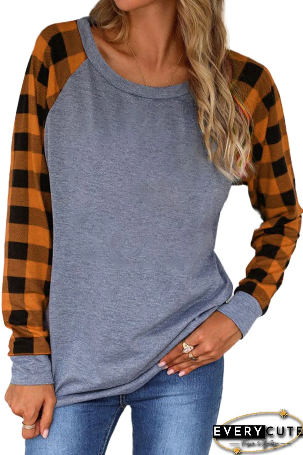 Orange Plaid Raglan Long Sleeve Top