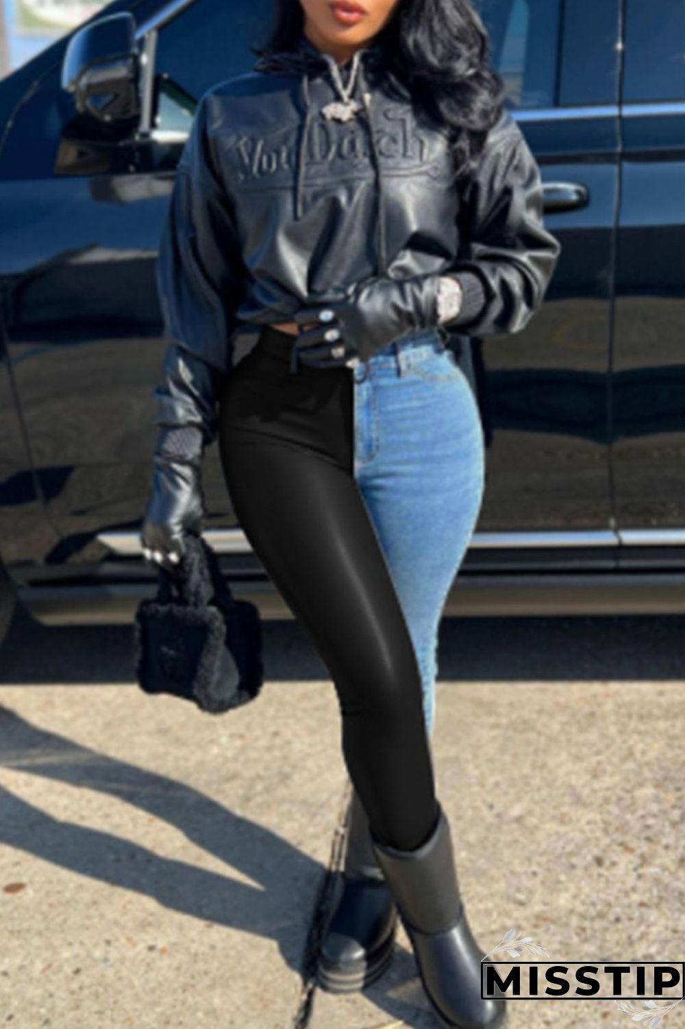 Black Casual Solid Patchwork High Waist Denim Jeans