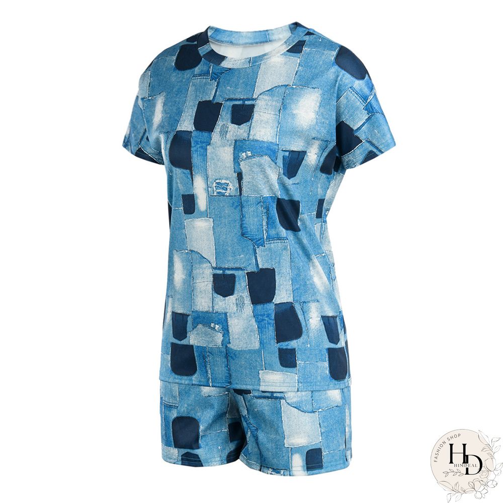 Grey Black Casual Print Patchwork O Neck Short Sleeve Two Pieces