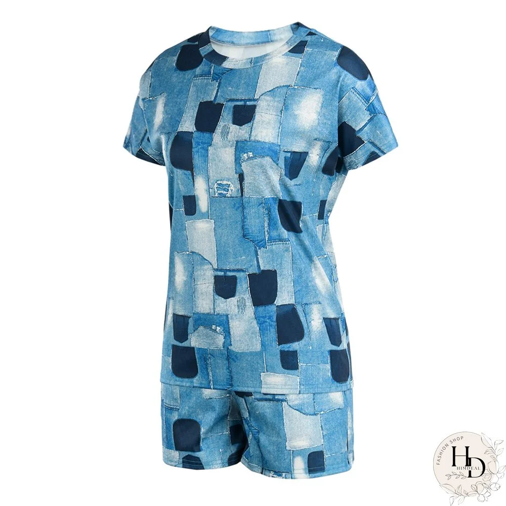 Grey Black Casual Print Patchwork O Neck Short Sleeve Two Pieces