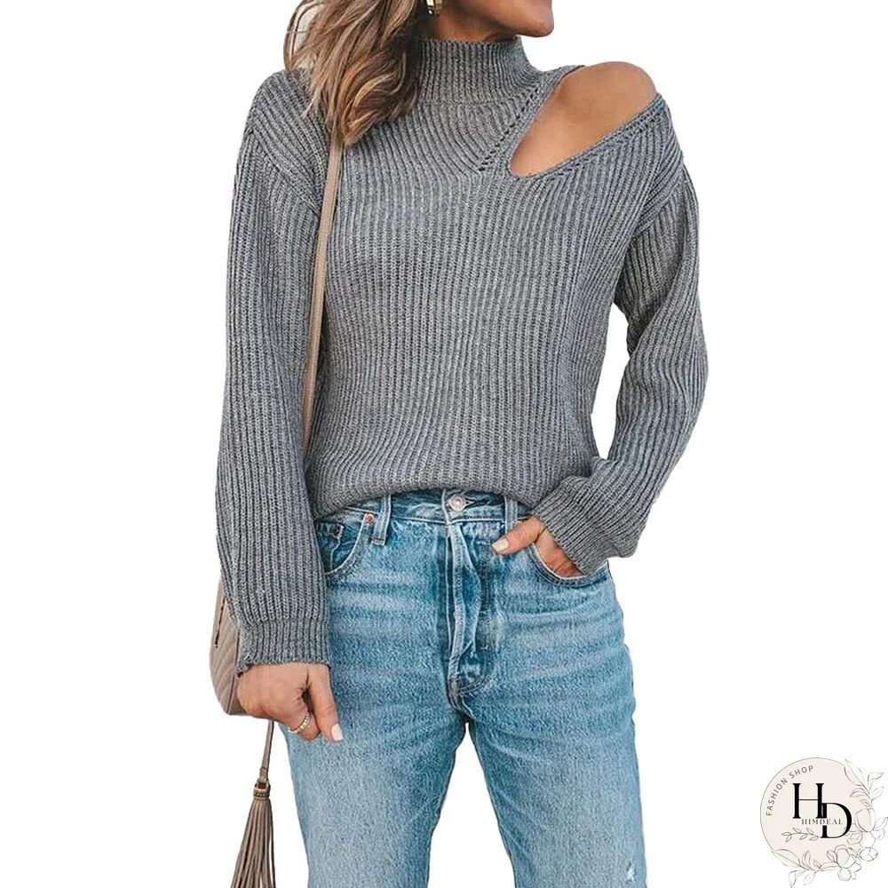 Women Autumn Half High Collar Solid Pullover Elegant Long Sleeve Dropped Shoulder Sleeve Office Lady Hollow Chic Knit Sweater