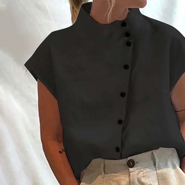 VChics Solid Color Design Feel Standing Collar Button Up Short Sleeve  Shirt