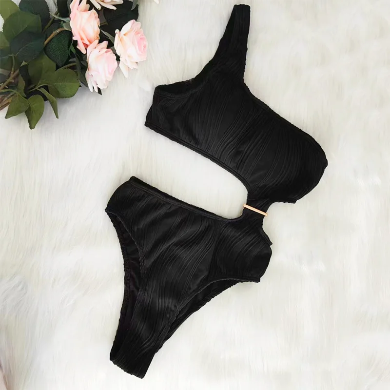 Mongw Mongw New Solid Color One-Shoulder One-Piece Swimsuit Sexy Ladies Bikini