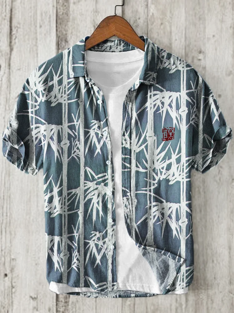 Comstylish Bamboo Japanese Pattern Linen Blend Shirt