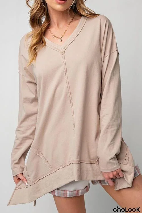 Exposed Seam V-Neck Long Sleeve Slit Sweatshirt