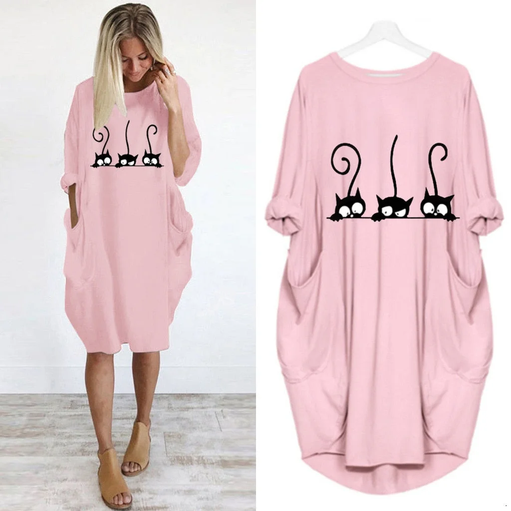 Autumn Dress Women Fashion Cat Print O Neck Long Sleeve Loose Elegant Party Ladies Dresses Plus Size Casual Midi Dress Vestidos