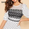 SHEIN White Mesh Yoke Polka Dot Ruffle Hem Vintage Summer Long Dress Women Bishop Sleeve Fit and Flare A Line Elegant Dresses