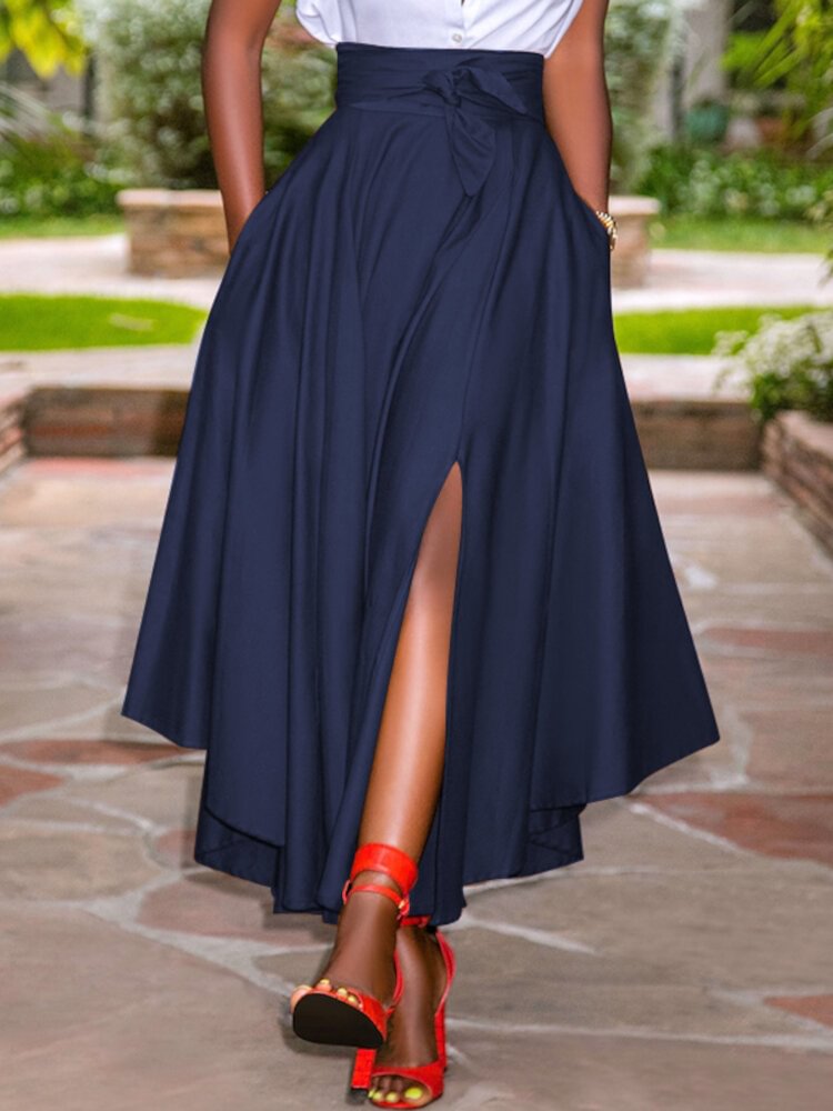 Solid Split Knotted Irregular Hem Casual Maxi Skirt - Life is Beautiful for You - SheChoic