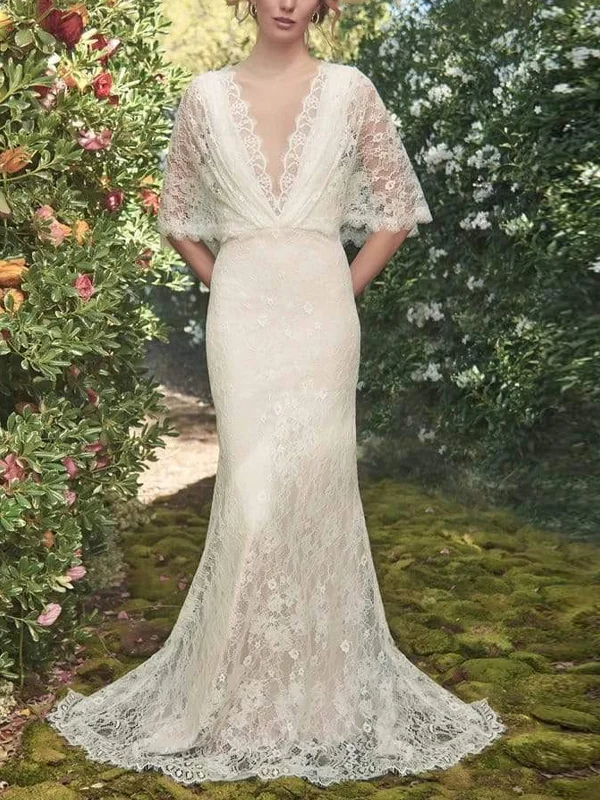 V-Neck Solid Color Lace Maxi Dress