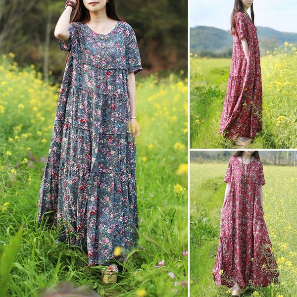 ZANZEA Women Summer Short Sleeve Floral Printed Vintage Long Shirts Dresses Kaftan Loose Dress - Life is Beautiful for You - SheChoic