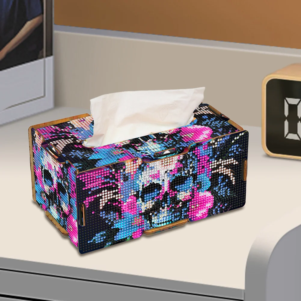 Flower Skull Diamond Painting Tissue Box Wooden Diamond Art Tissue Storage Box