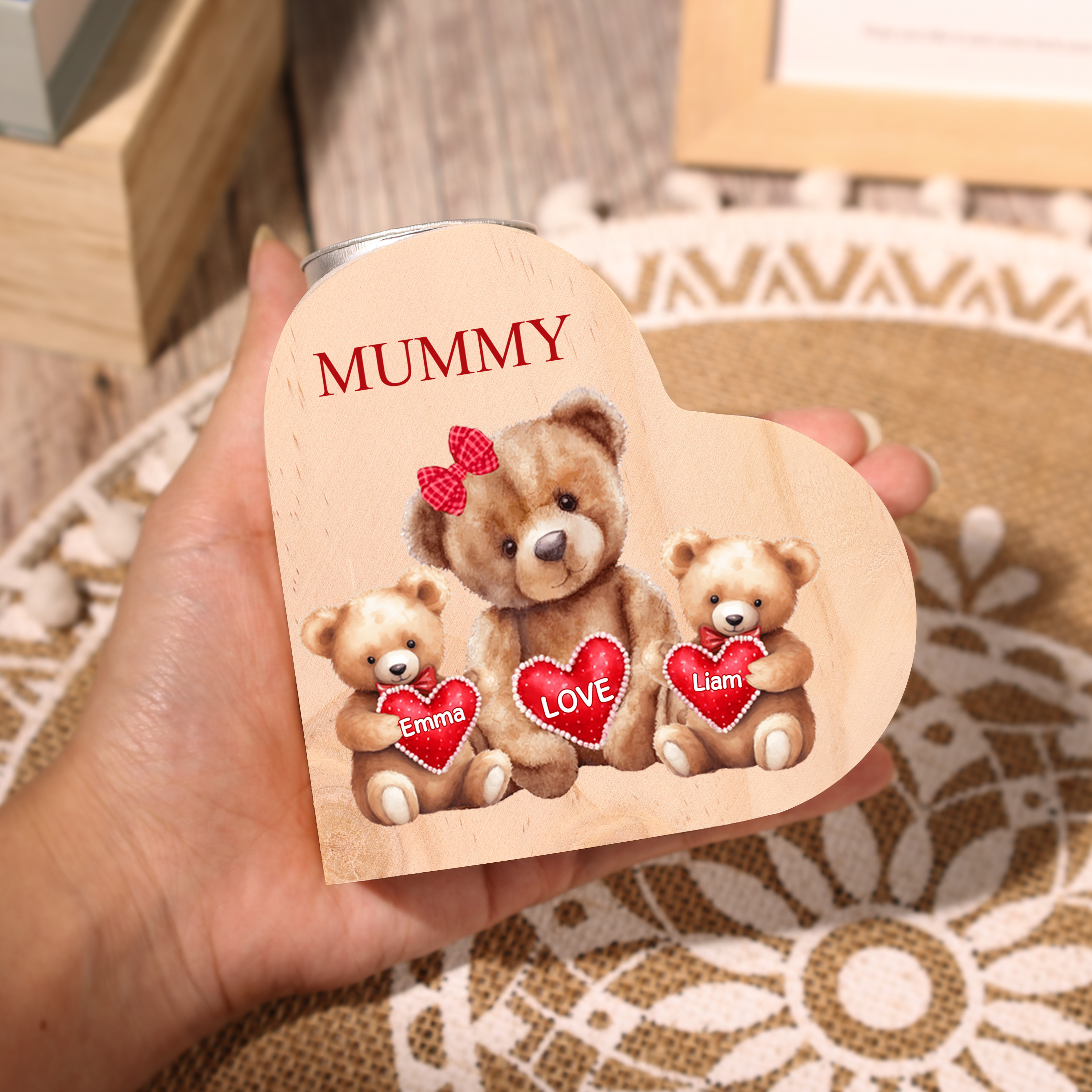Personalised 2 Names & 1 Text Candle Holder Teddy Bear Wooden Candlestick Gifts for Grandma/Mother-Jessemade AU