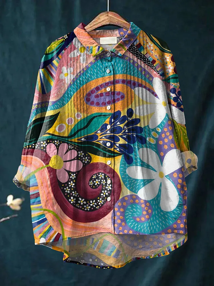 Women's Abstract Colorful Geometric Floral Graffiti Painting Art Print Casual Cotton And Linen Ruffle Shirt