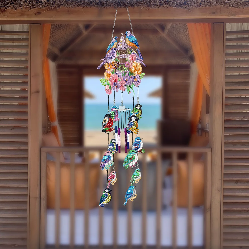 DIY Flower Bird Double Side Wind Chime Diamond Art Hanging Pendant for Home Decor