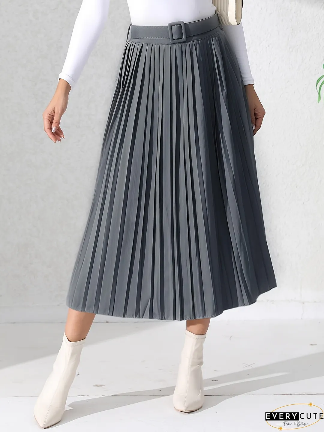 Solid Pleated Skirt, Casual Midi Skirt For Spring & Summer, Women's Clothing