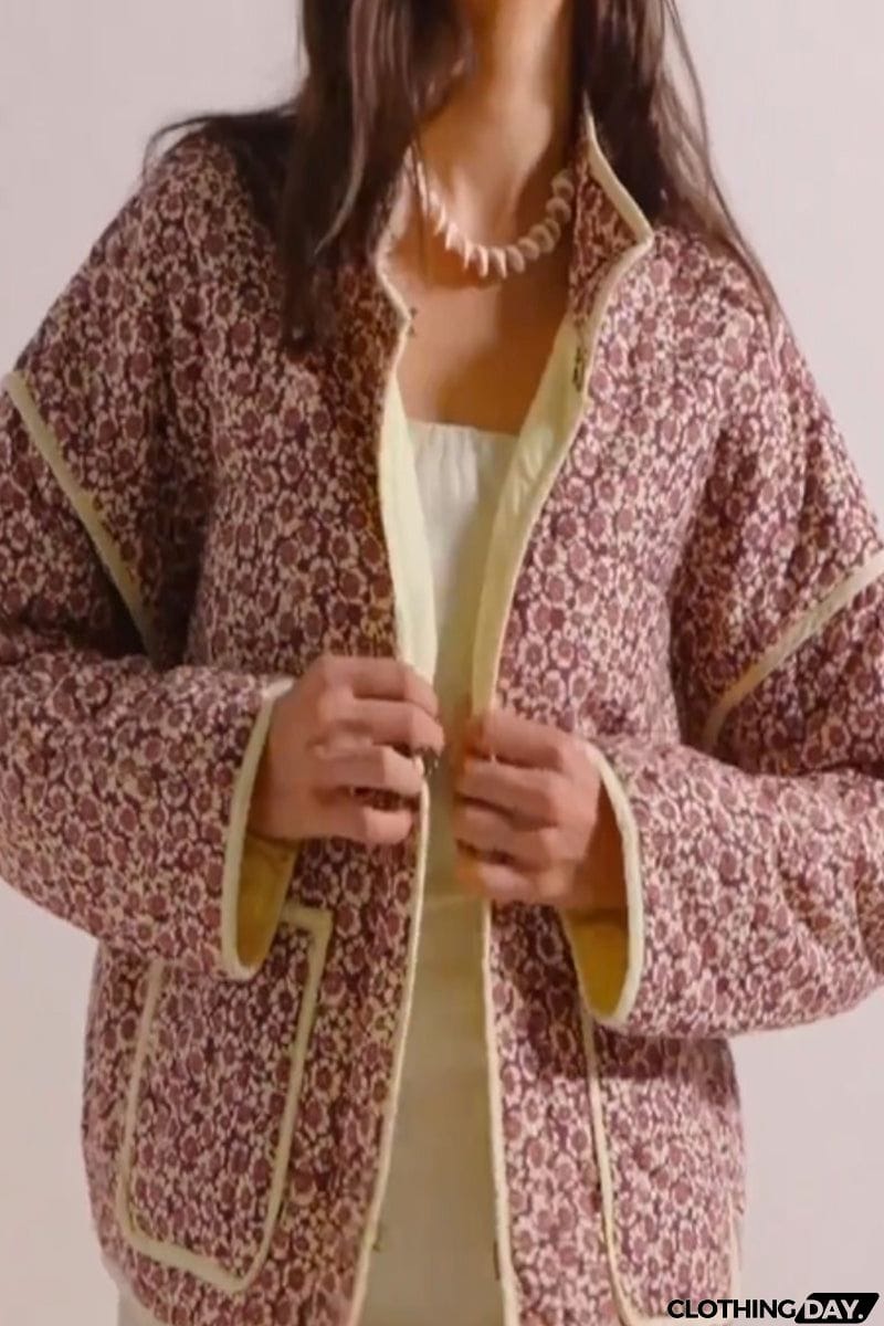 Casual College Floral Pocket Contrast Outerwear