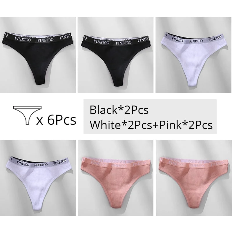FINETOO Trendy Letter Thongs Cotton G-string Underwear M-XL Girls Bikini Underpants Comfortable Thong Panties 6Pcs Female Panty