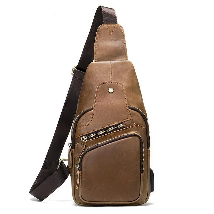 Men's Chest Bag Fashion Casual Leather Crossbody Bag With Earphone Hole And Usb Charging Port
