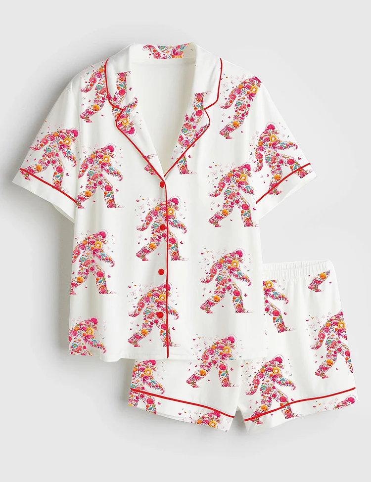 Women&rsquo;s Big Foot Cute Floral Big Foot Adventure Nature Lover Print Short Sleeve Satin Pajama Set