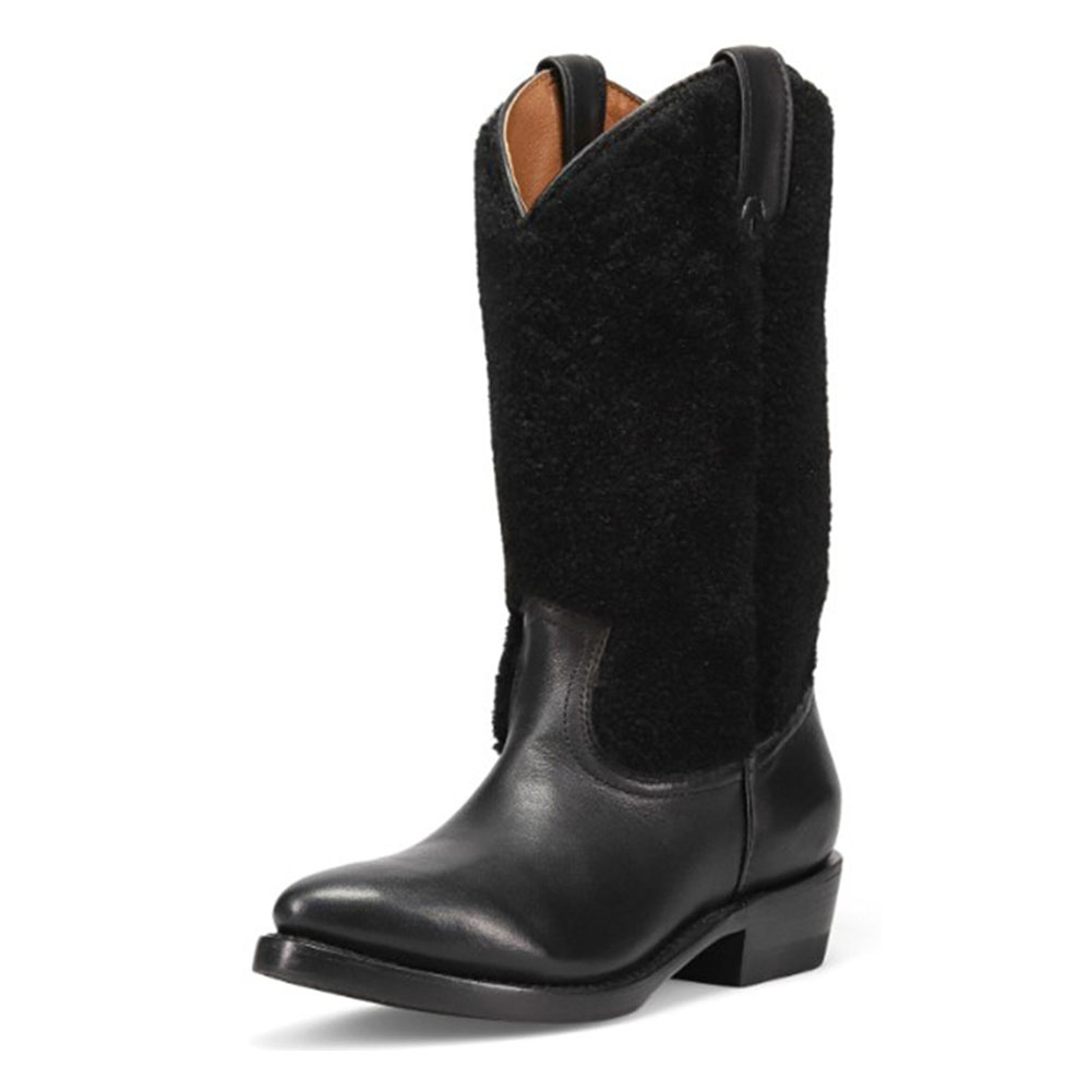 Black Faux Fur Low Heel Western Boots for Women with Round Toe Nicepairs