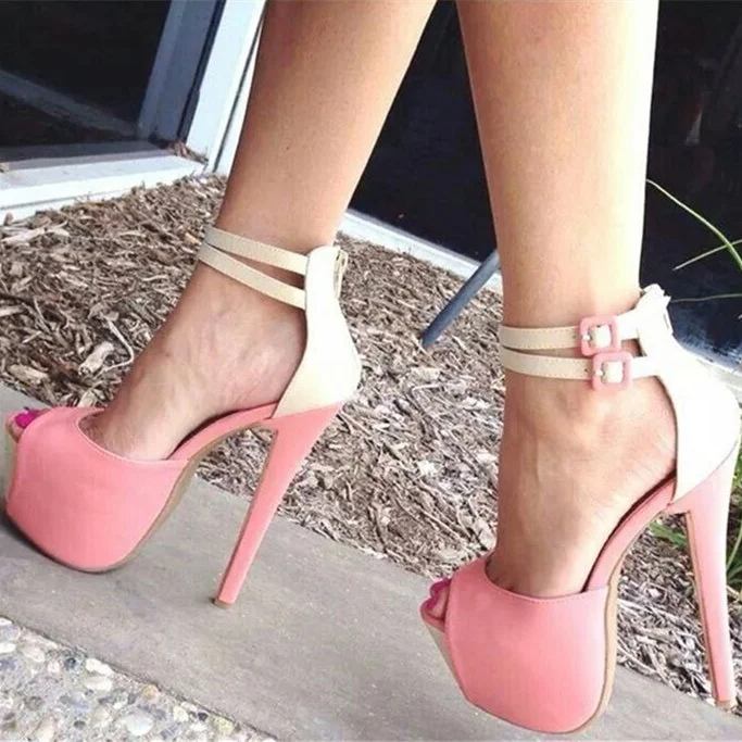 Pink Platform Peep Toe Sandals with Ankle Strap and Buckle Vdcoo