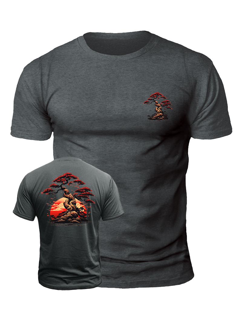 Men's Sunset Red Flower Tree Print Casual Short Sleeve T-shirt