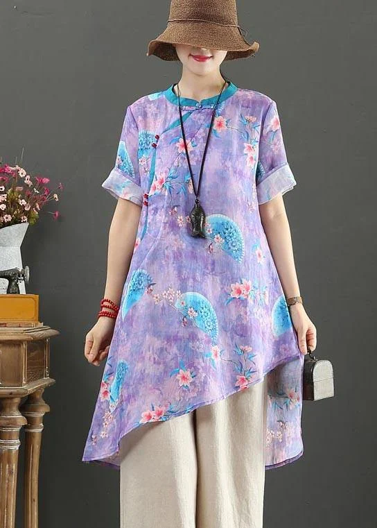 Vintage Purple Print Linen asymmetrical design Shirt Summer