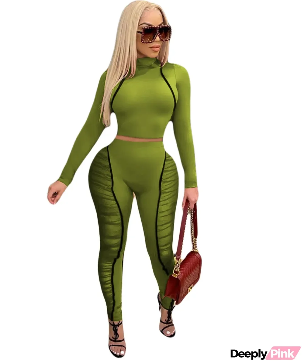 Autumn Party Sexy Tight Crop Top and Patchwork High Waist Pants Set