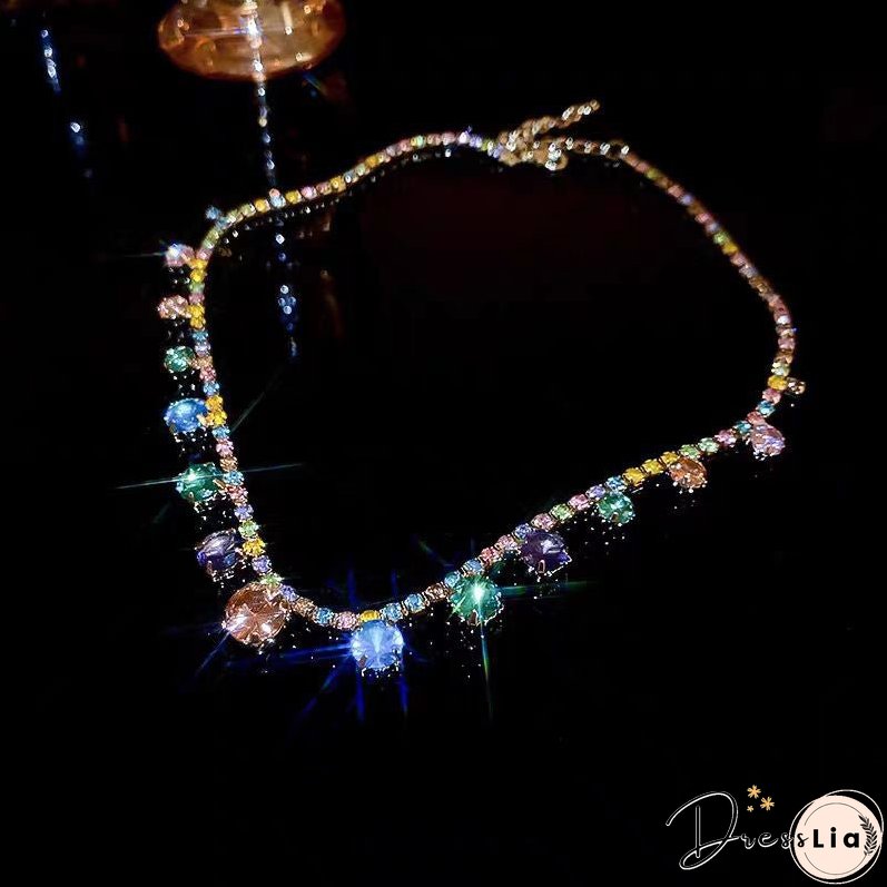 Style Rainbow Alloy Zircon Square Princess Necklace