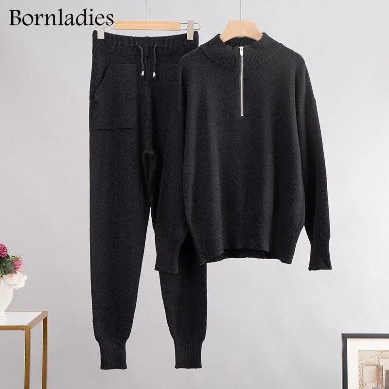 Bornladies Sweater 2 Pieces Sets Women Tracksuit O-neck Loose Sweater with Zipper Pullover + Full Length Pants Sets Knitted Sets