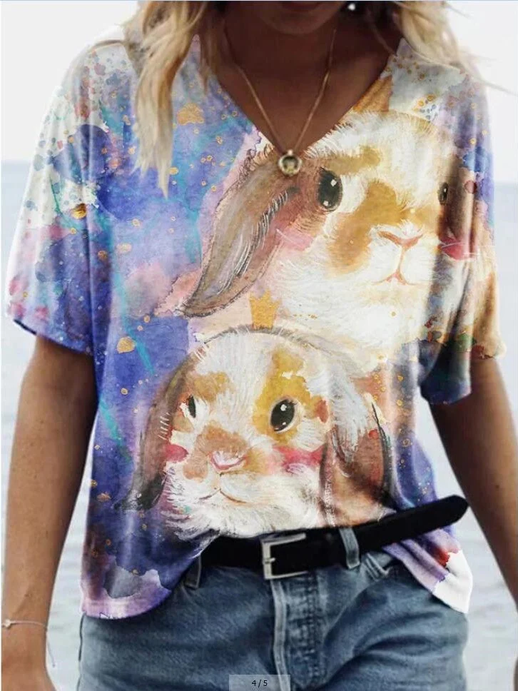 Women's Short Sleeve V-neck Colorblock Graphic Printed Top