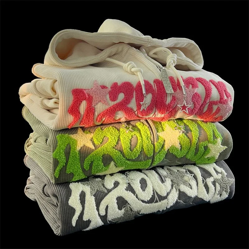 brownm Vintage Corduroy Cardigan Jacket Women's Autumn Winter Y2k Loose Letter Embroidery Harajuku Fleece Warm Sweatshirt