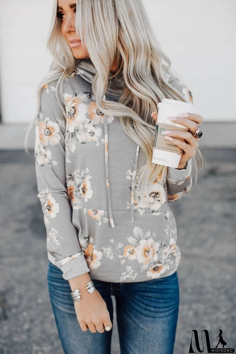 MidiSono - Floral Hoodie with Kangaroo Pocket