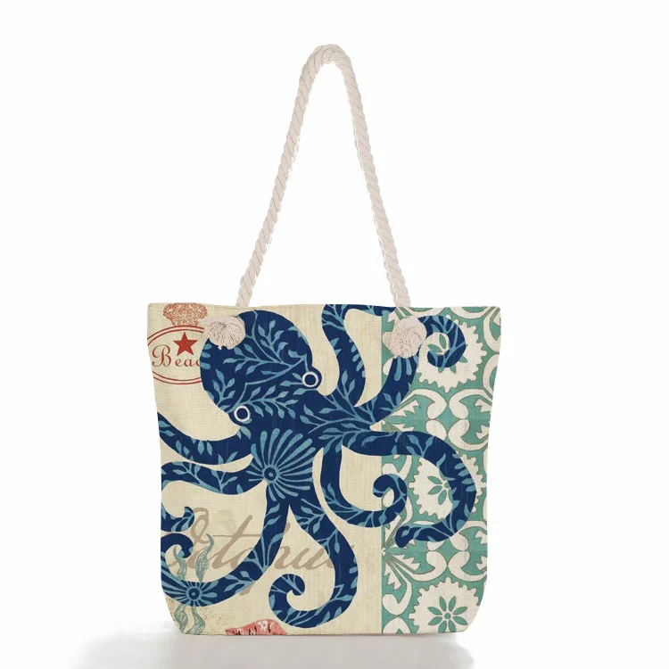 Vintage Print Beach Rope Tote