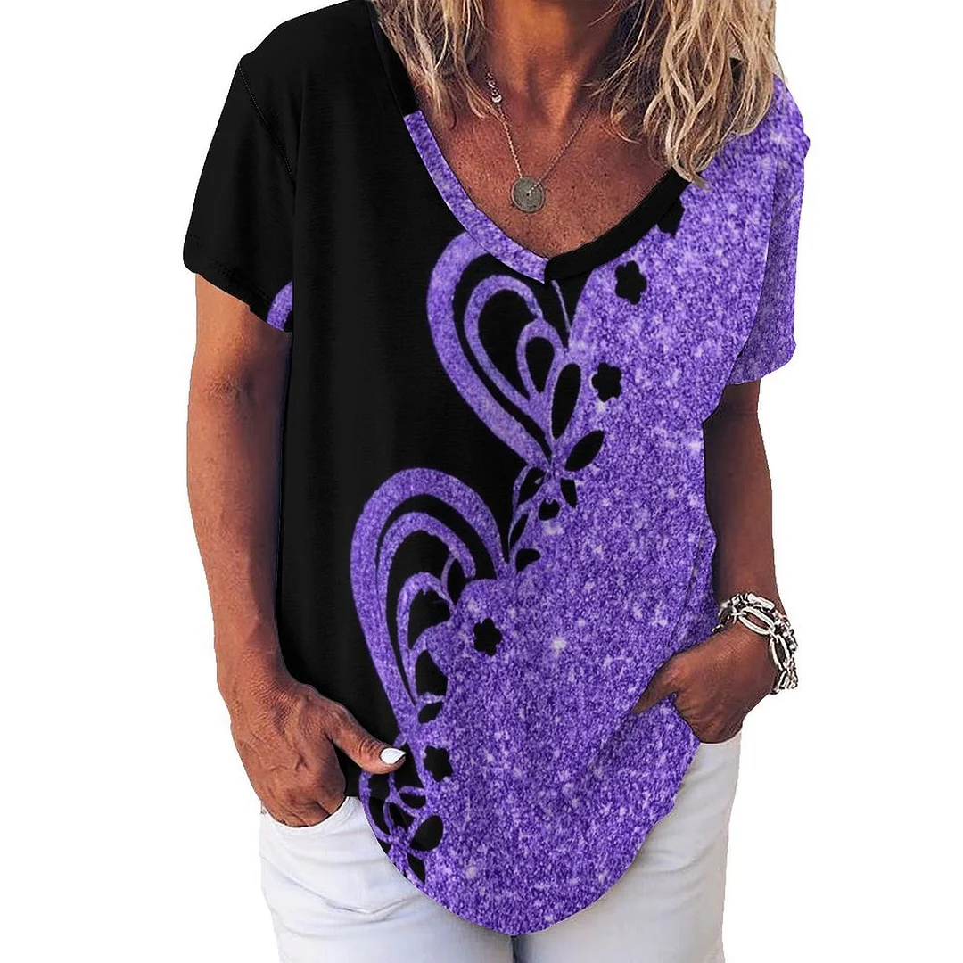 V-neck Short Sleeve Casual T-shirt for  Women Printed with Pattern Purple, Floral, Glitter