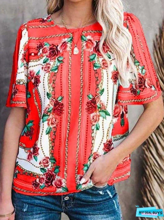 Crew Neck Short Sleeve T-Shirt Print Top