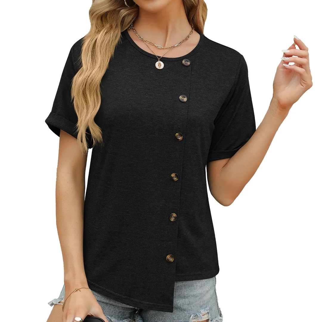 Churchf Churchf 2024 New Round Collar Button Irregular Splicing Loose T-Shirt Women