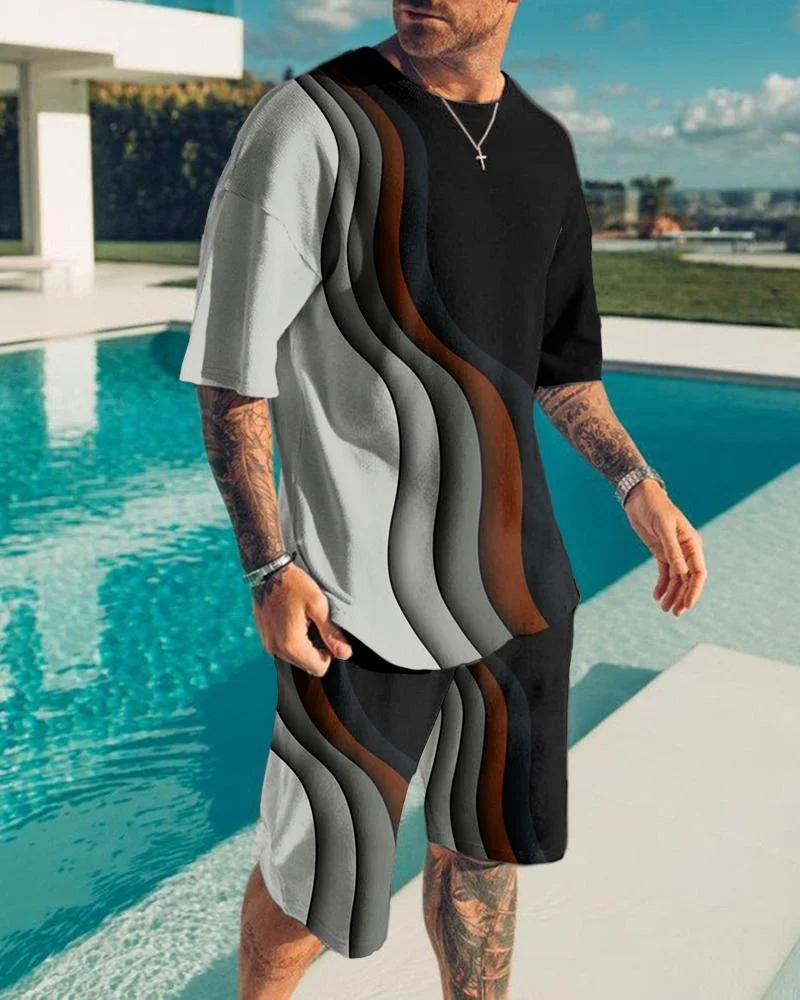 Men's Holiday Wave Pattern Color Contrast Print Shorts Suit