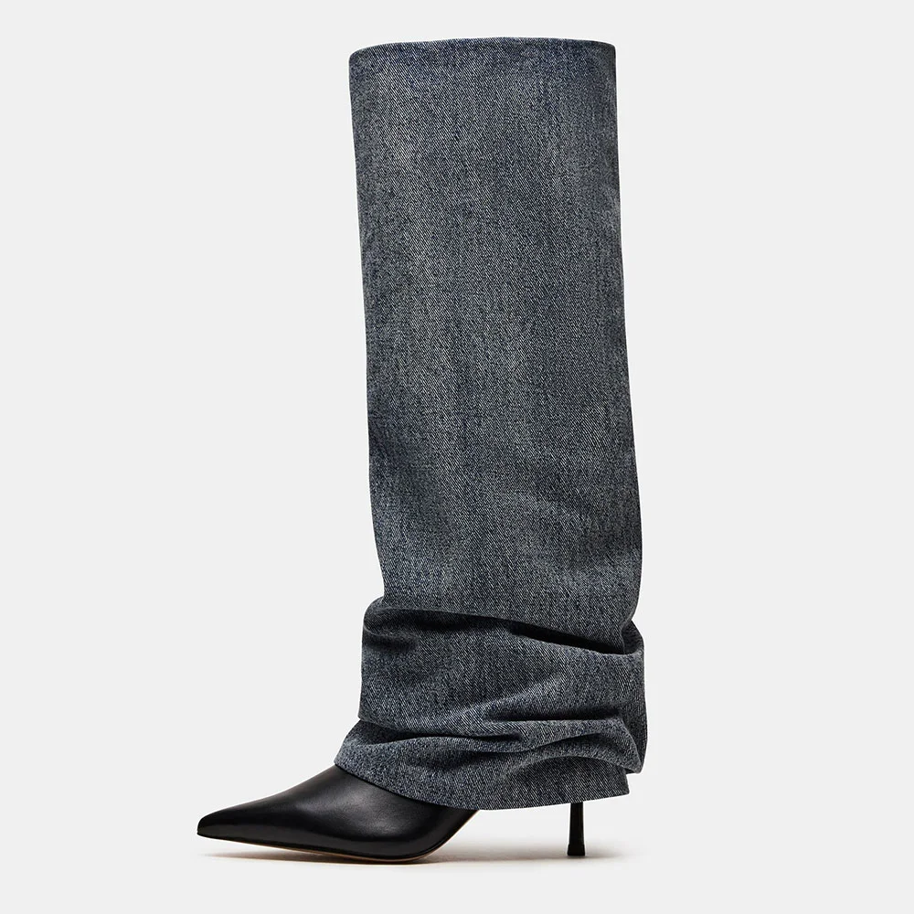 Women's Black & Blue Stiletto Heel Fold Over Slouch Knee High Boots
