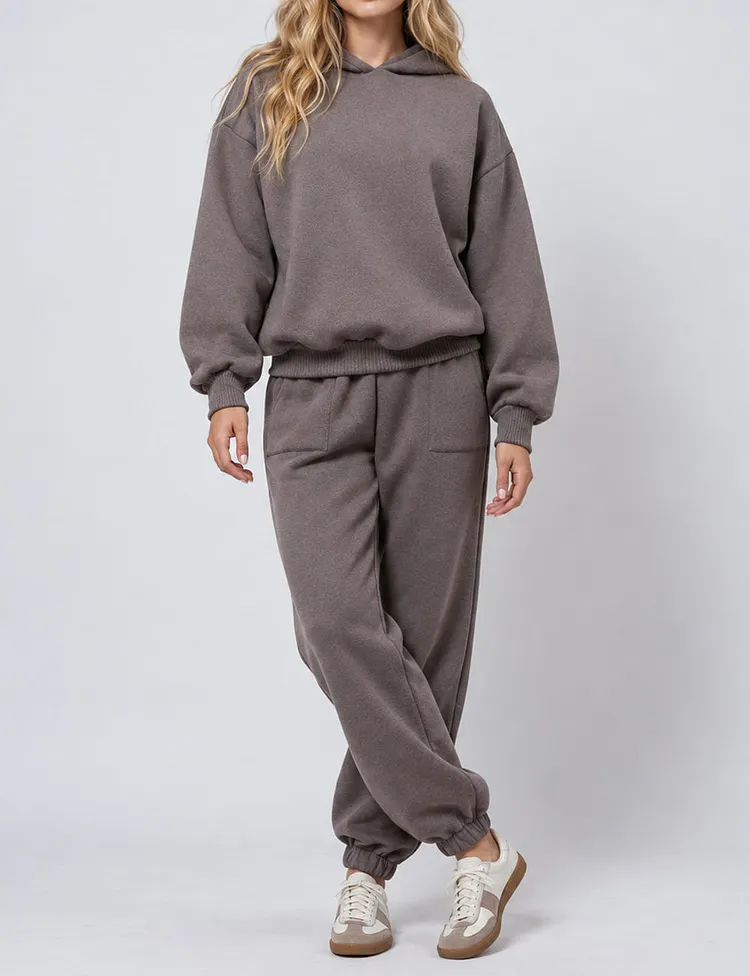 Ladies Solid Color Hoodie and Pants Sets 211337