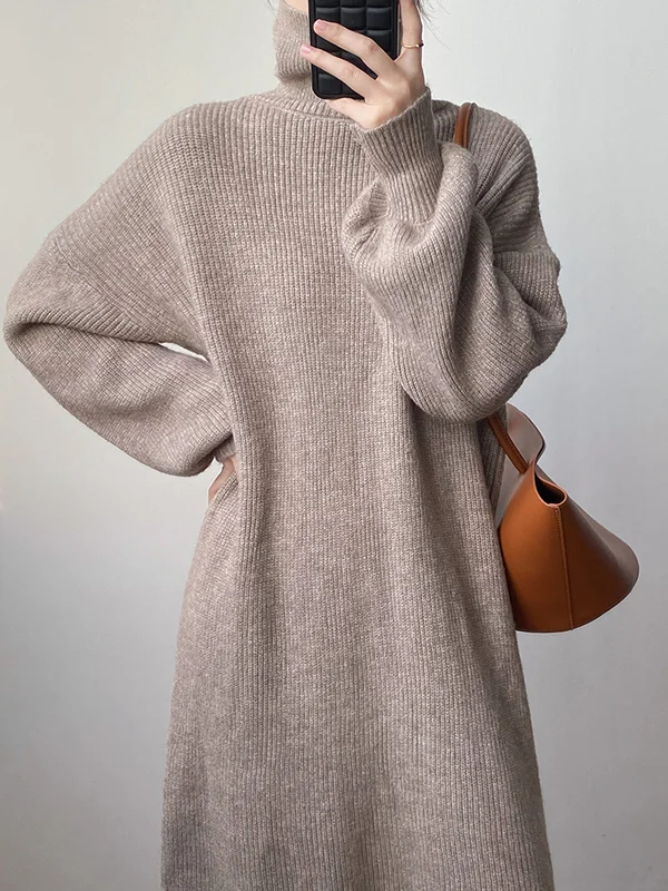 Casual Roomy Puff Sleeves Pure Color High-Neck Sweater Dresses