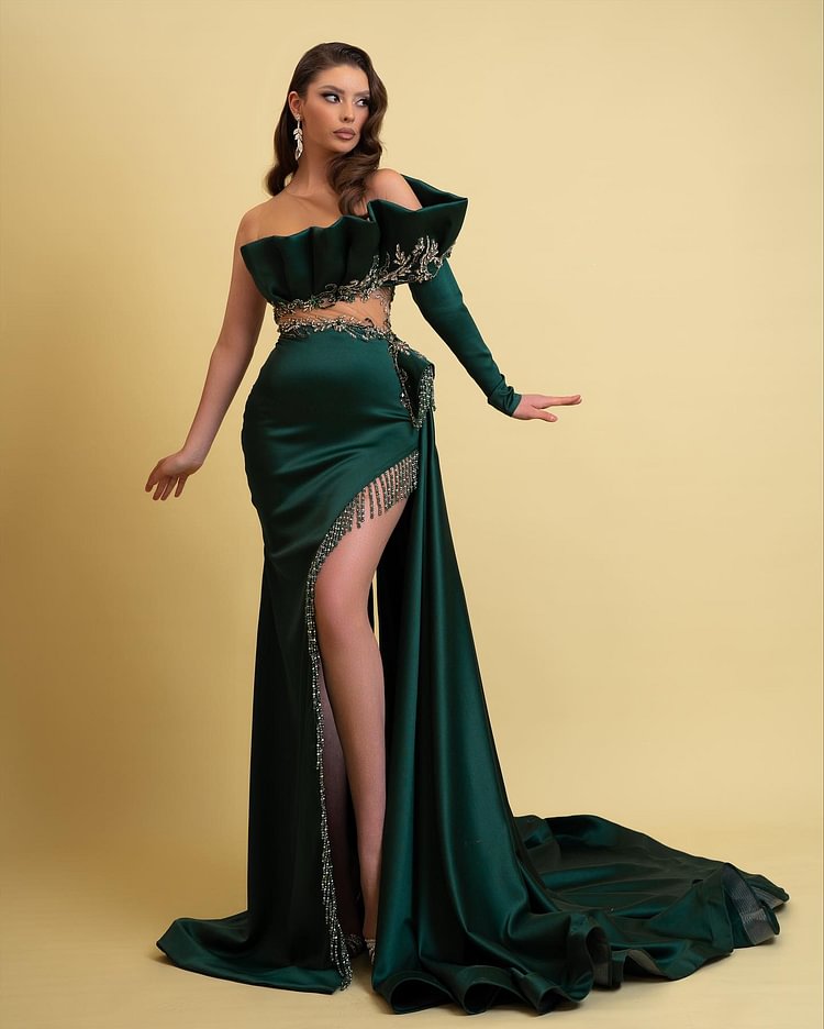 Hellodresses Dark Green One Long Sleeve Beaded Split Evening Dress Gown With Tassels