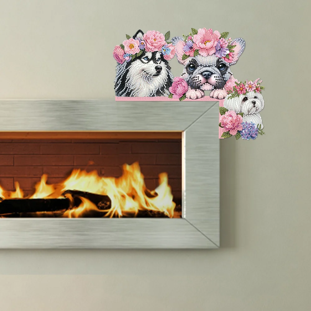 Dog Flowers 5D DIY Wooden Diamond Painting Door Topper for Party (Right)