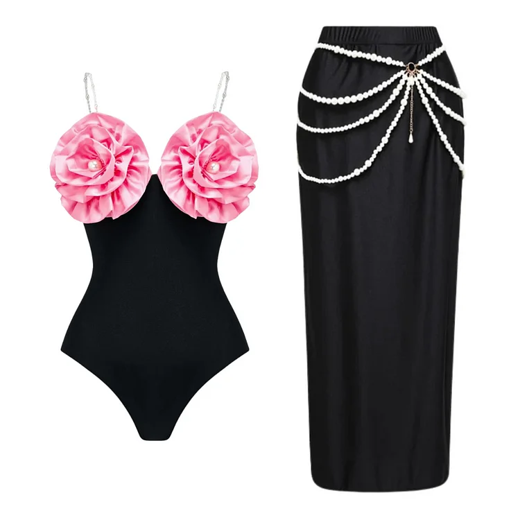 3D Flowers Color Contrast Detachable Pearl Shoulder Strap One Piece Swimsuit and sarong