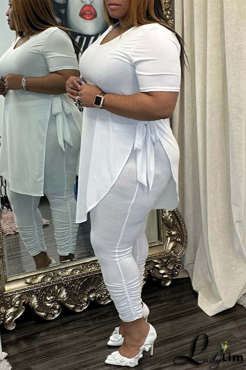 Black Fashion Casual Solid Bandage Slit Asymmetrical O Neck Plus Size Two Pieces