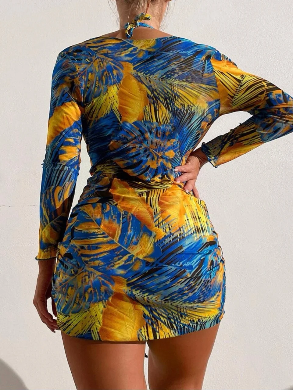 Uveng Uveng New Transparent Mesh Digital Three-Piece Print Sunscreen Beach Bikini Bathing Suit