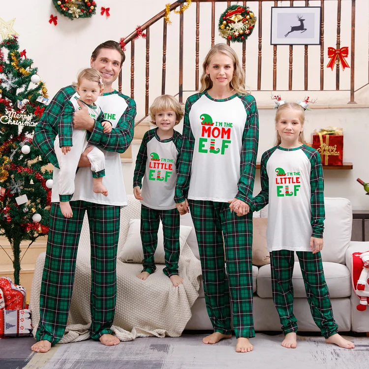 I'm The Dad Mom Little Elf Christmas Print Green Plaid Family Matching Pajamas Sets