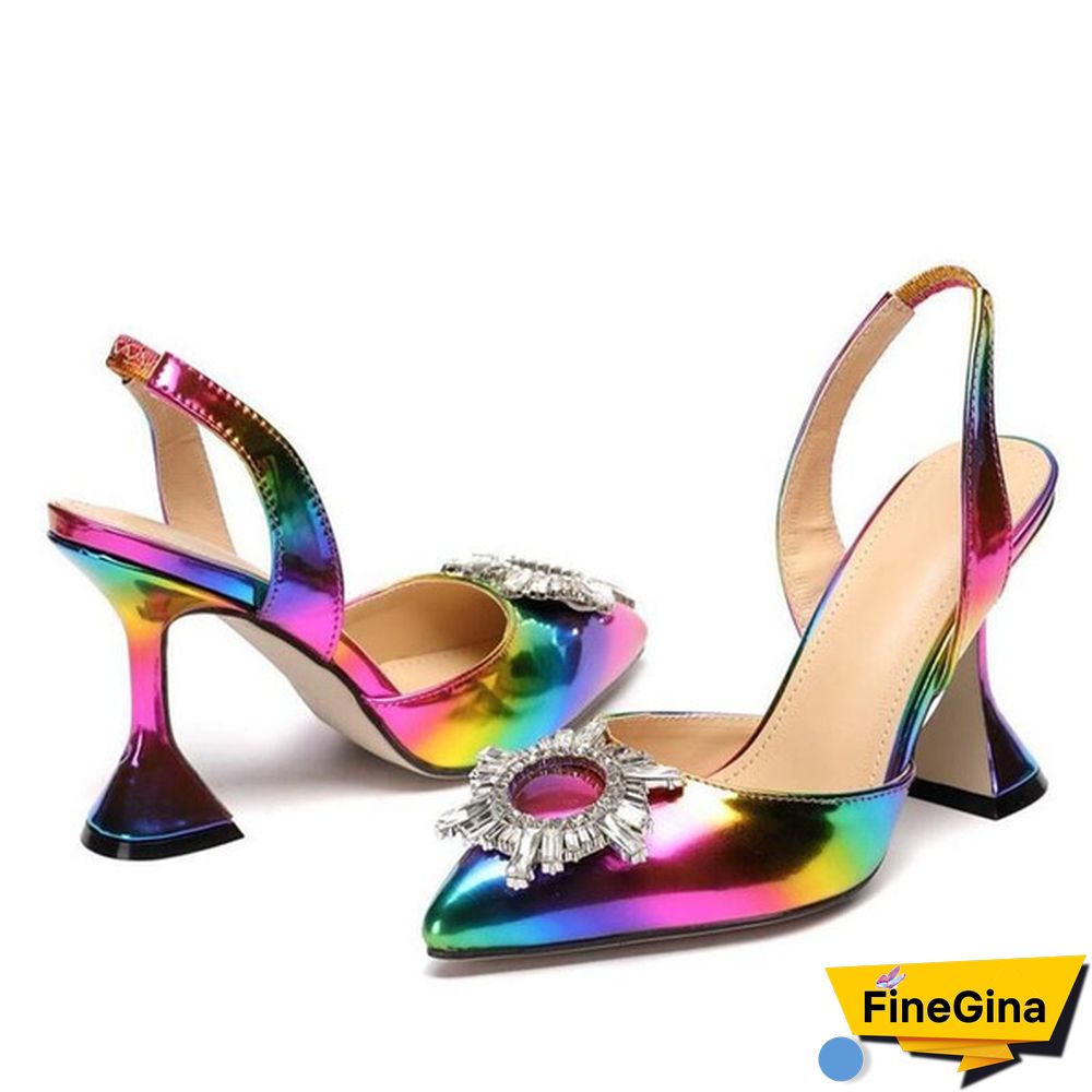 Spring Rainbow Color Woman Pumps Sexy Diamond Crystal Sun Flower Spike Pointed Toe High Heel Sandals Dress Shoes