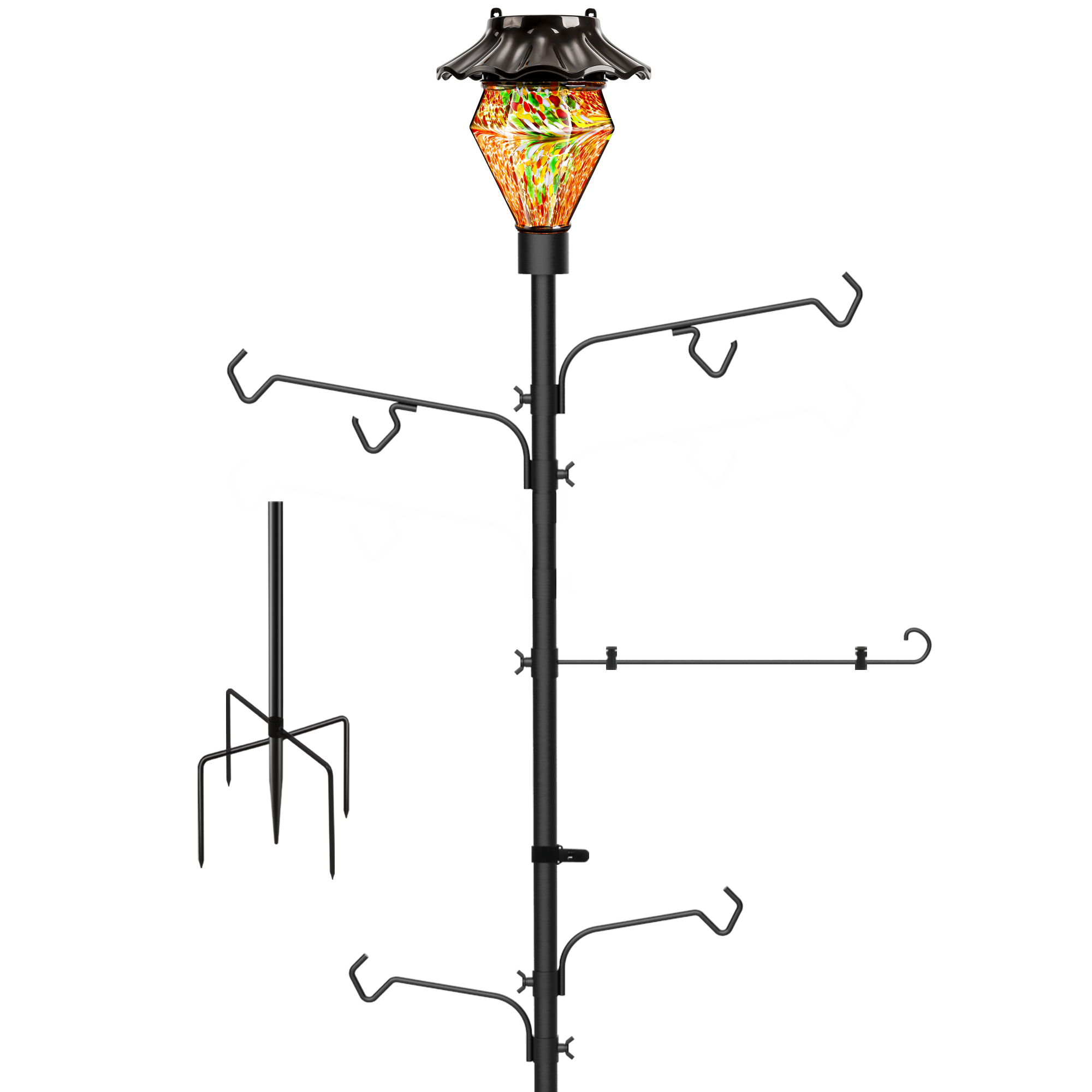 LUJII Solar Shepherds Hooks for Outside, Bird Feeder Stand with 4 Adjustable Hangers and 1 Flag Holder, Garden Stand for Hummingbird Feeders, Wind Chimes, Plant Baskets, Lanterns (Red)